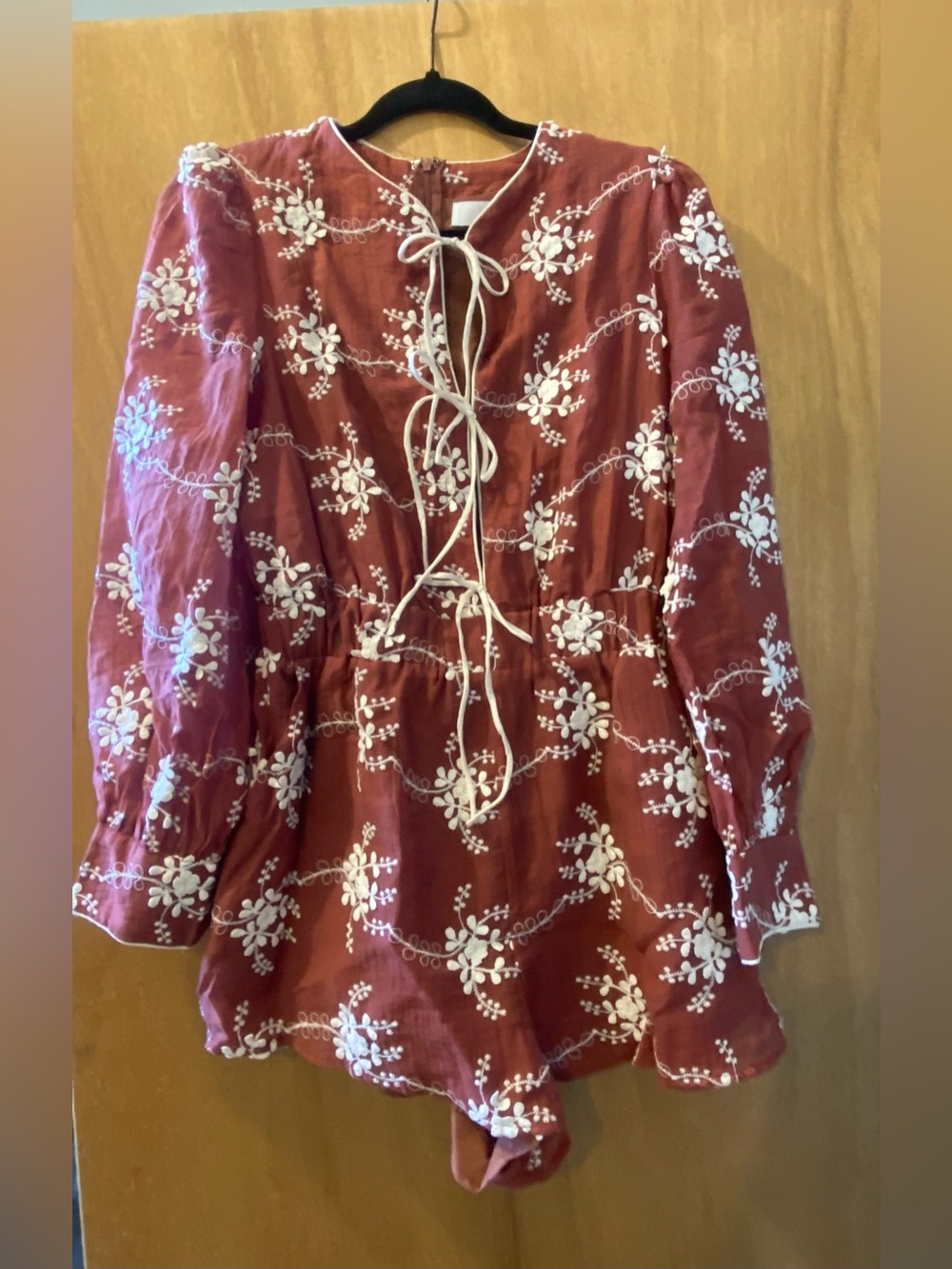 Women's Rust Floral Embroidered Tie-Front Peasant Romper